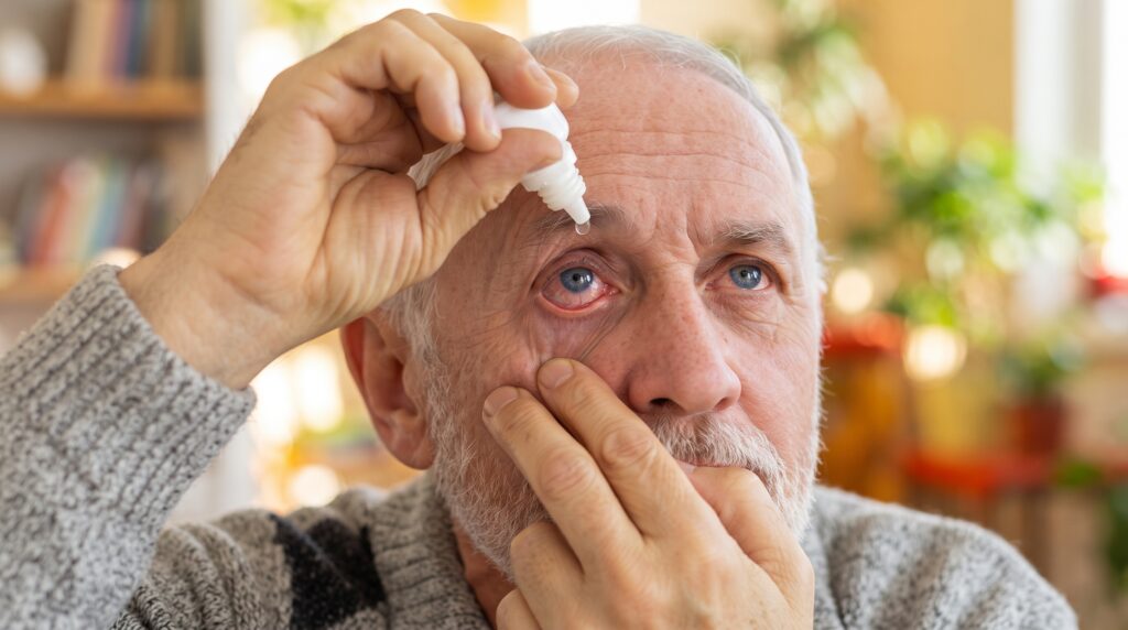 Hombre mayor aplicándose gotas de lágrimas artificiales para aliviar el ojo seco