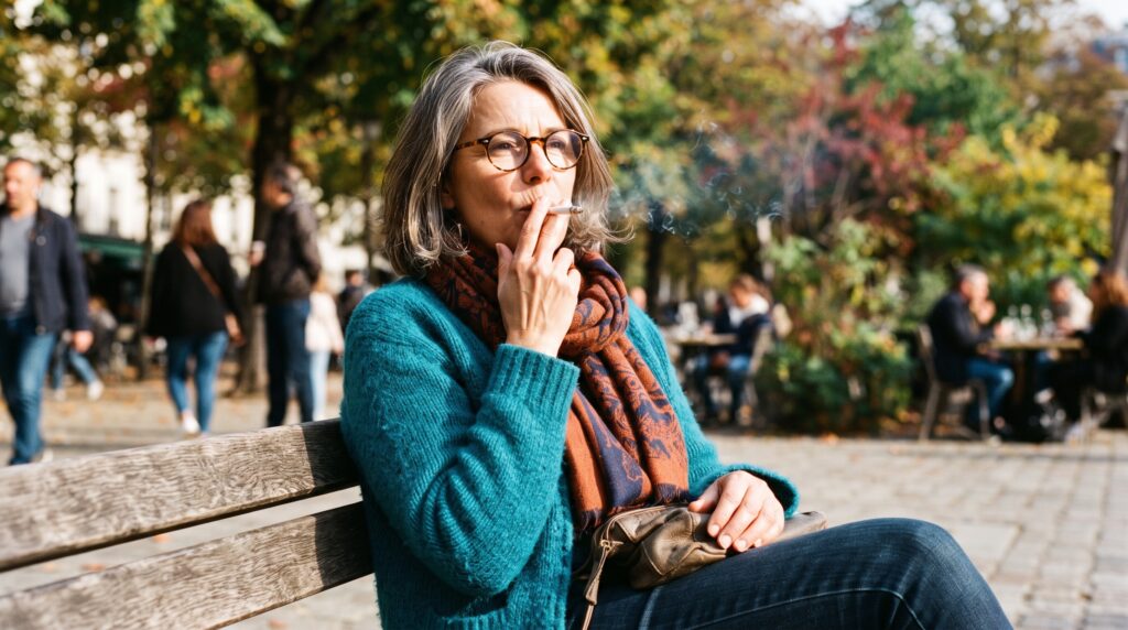 Mujer de más de 50 años fumando un cigarro, factor de riesgo para cataratas y DMAE