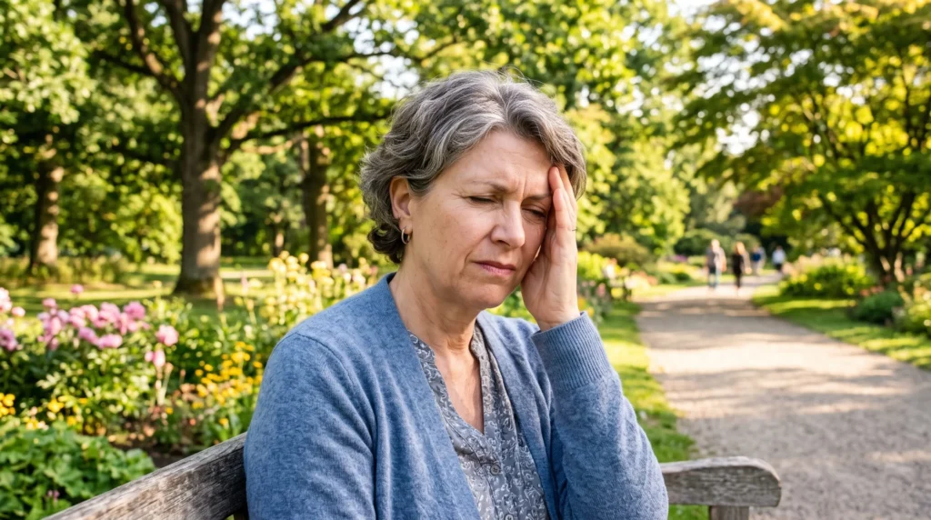Mujer mayor con dolor de cabeza del lado derecho en un parque