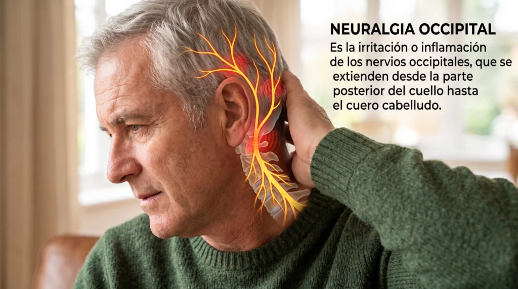 Representación de la irritación del nervio occipital, causa del dolor de cabeza del lado derecho