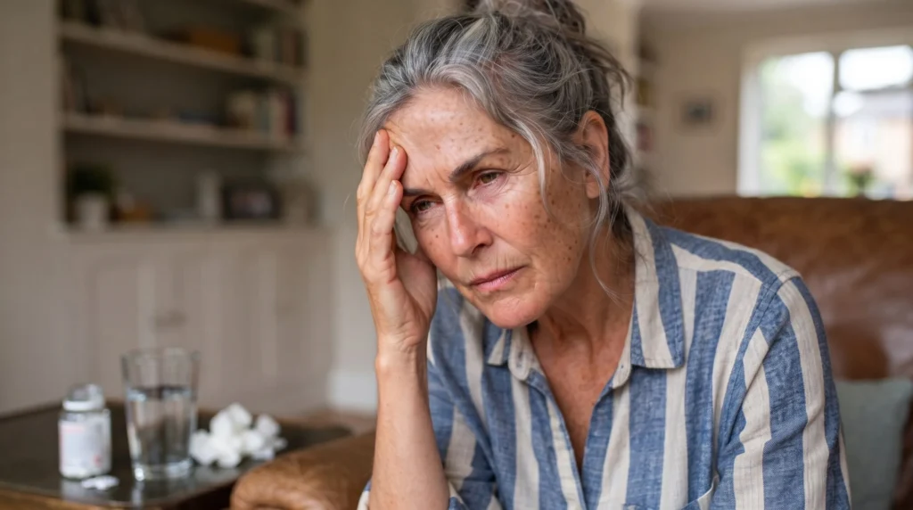 Mujer mayor con dolor de cabeza y mareos al mismo tiempo