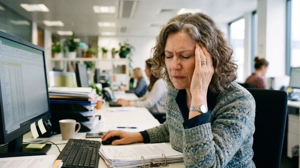 Mujer con fatiga visual y dolor de cabeza durante el trabajo frente a la computadora