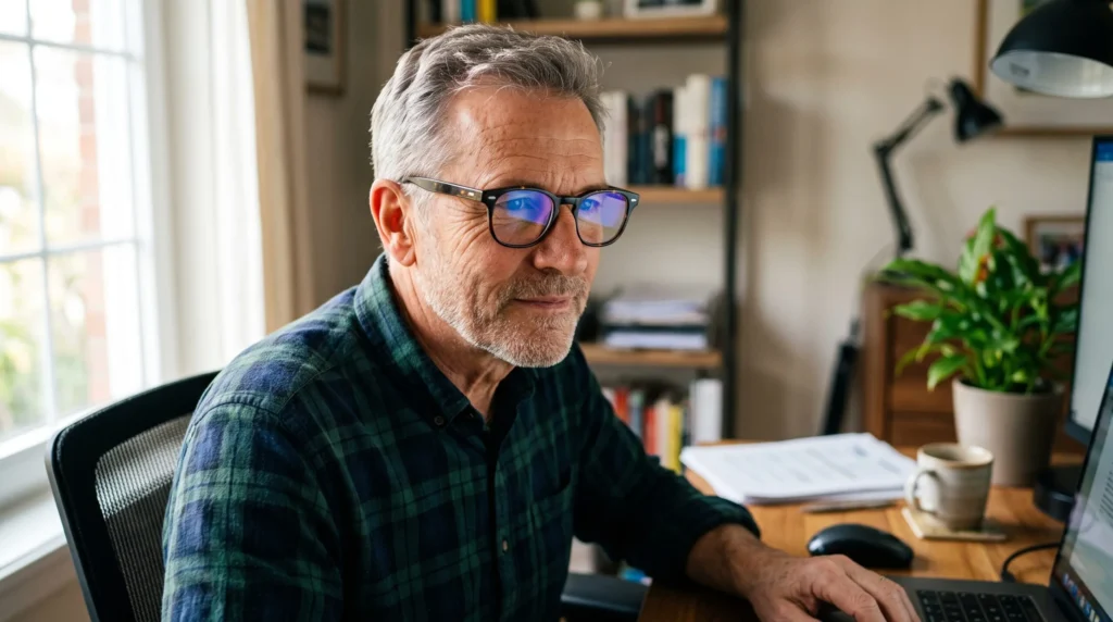 Hombre usando lentes especiales para reducir la fatiga visual frente a la computadora