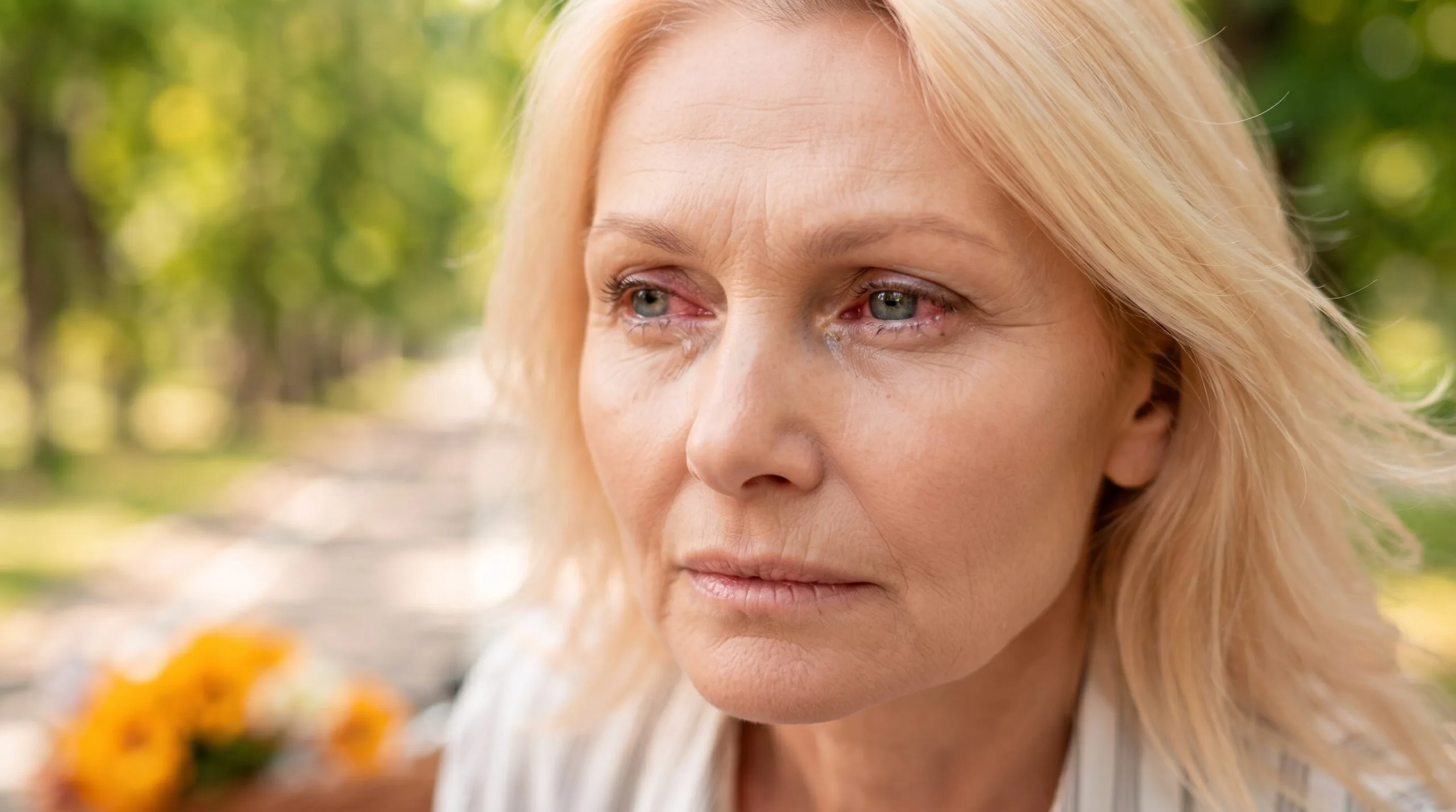 Mujer mayor con cansancio visual, uno de los síntomas de ojos secos