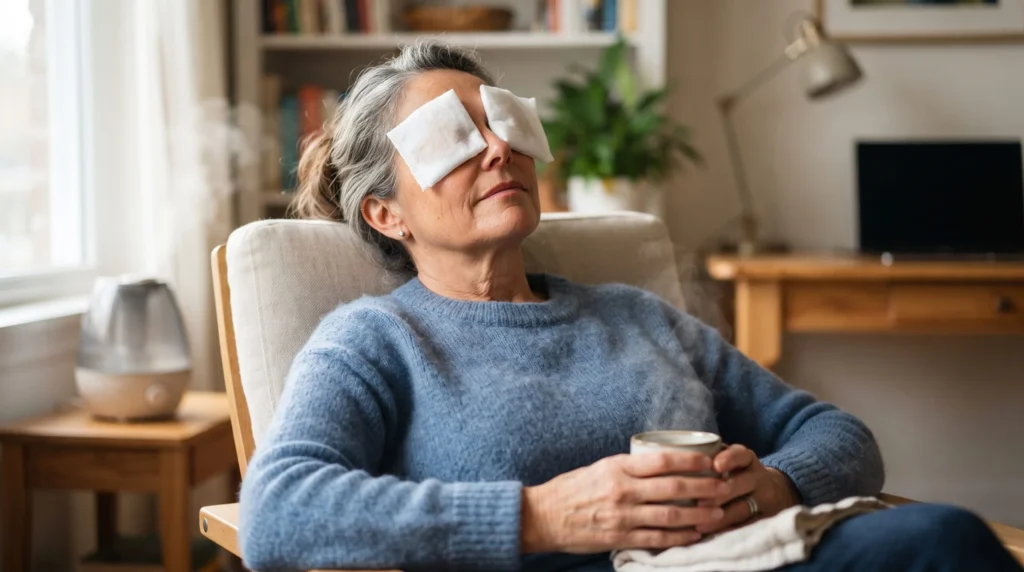 Mujer mayor aplicando un remedio casero para ardor en los ojos con compresa tibia