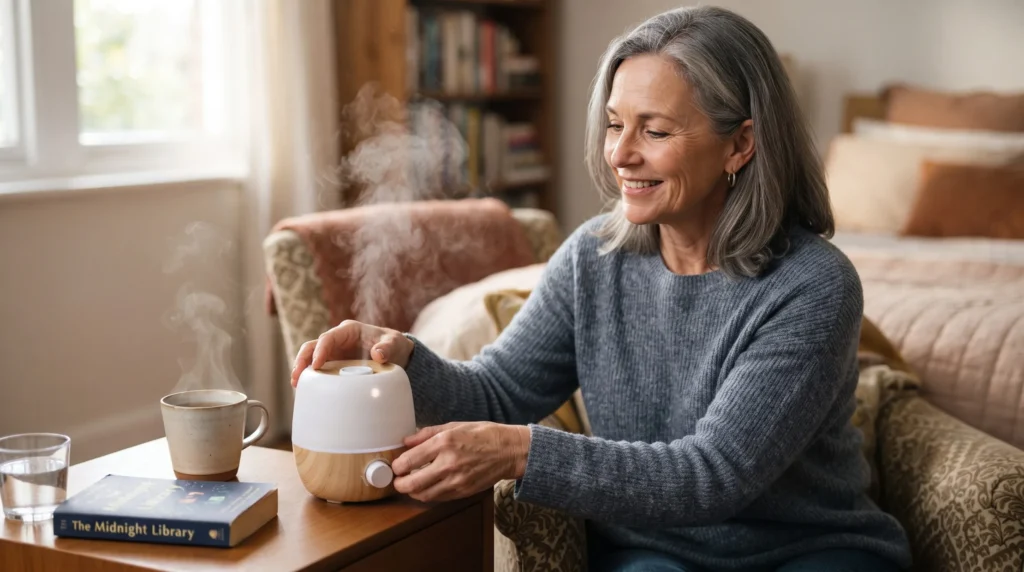Mujer mayor de 50 años usando un humidificador pequeño como remedio casero para ardor en los ojos