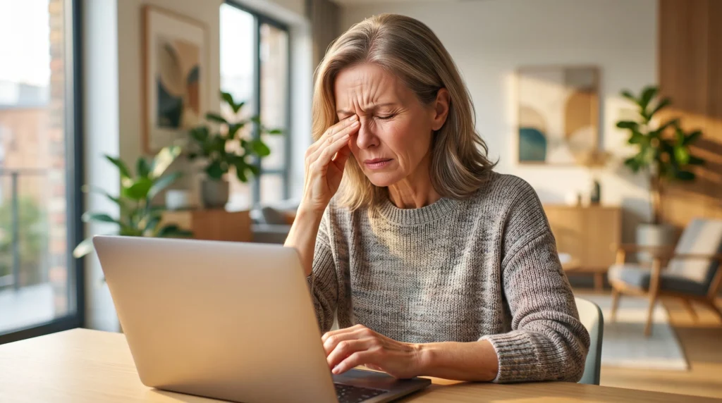 Mujer de 50 años con ojos secos, síntoma que las vitaminas para la fatiga visual ayudan a prevenir